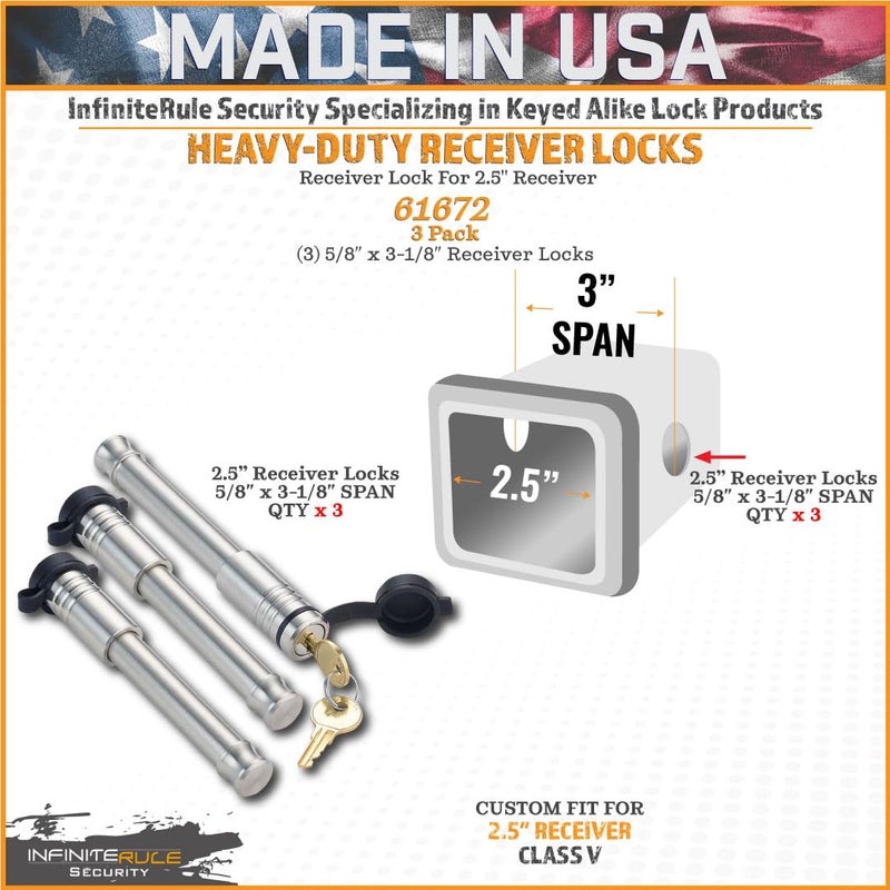 InfiniteRule Security 61672 | 3 Pack, Keyed Alike, Receiver Locks for 2" and 2.5" Receiver Class III, IV, V and Gen-Y Hitch Mega Duty 10K LB & 16K LB - Image 2
